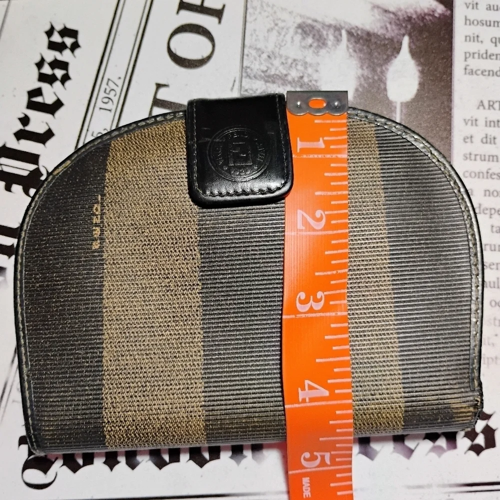 Fendi Vintage Pequin Stripe Half Moon Wallet Brown Black COA